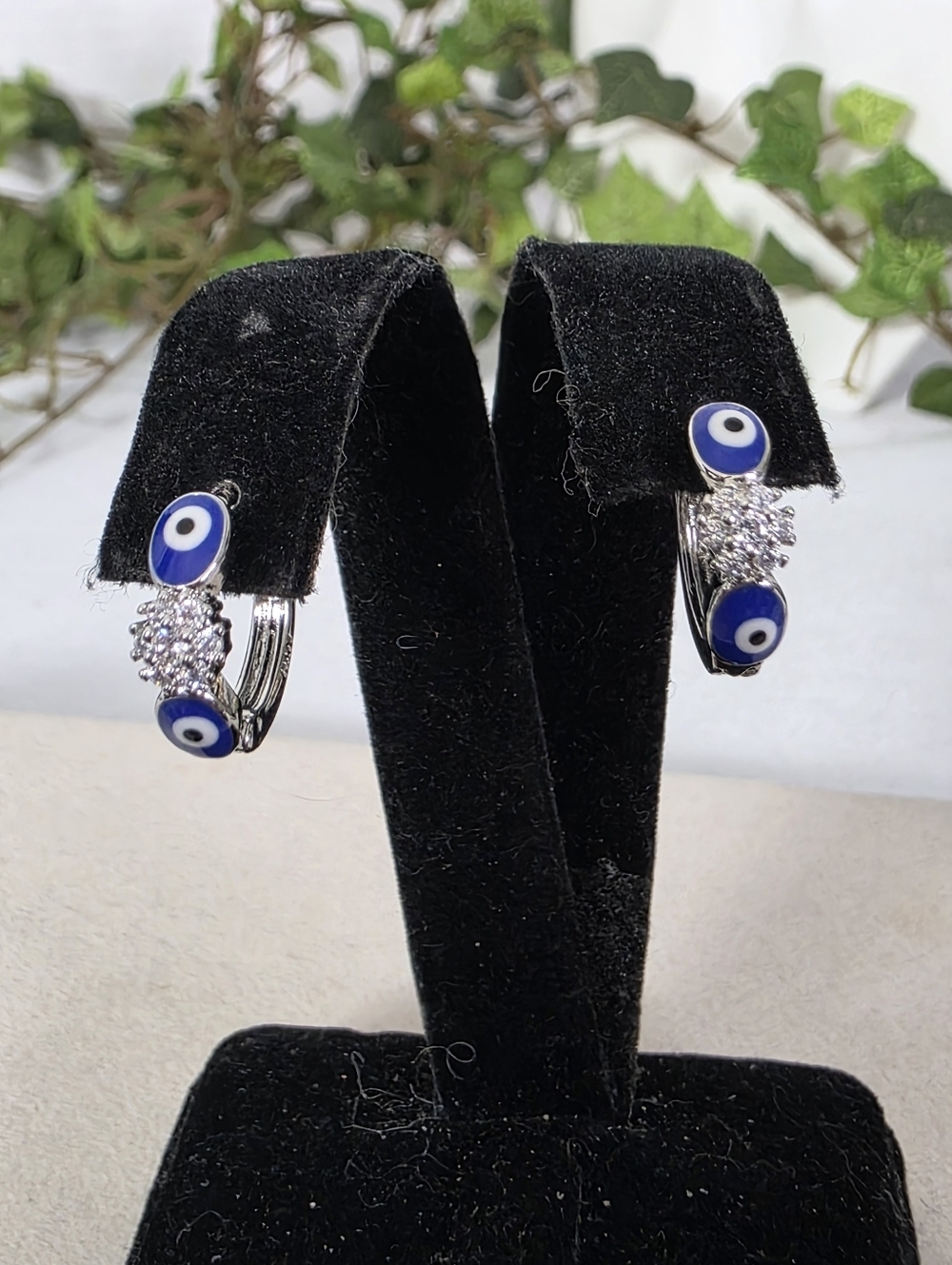 Silver Gold Filled Blue Evil Eye Huggie Hoop Earrings - Picture 3 of 9